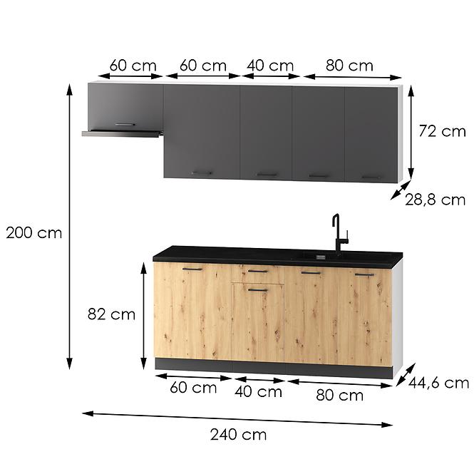 Küchenzeile Clara 240cm Grau Graphit/Artisan