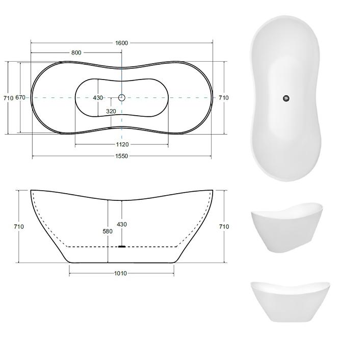 Freistehende Badewanne Viya 160x70 weiß + klik-klak