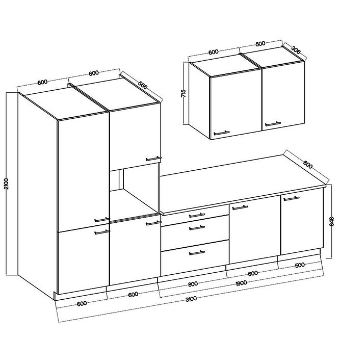 Küchenzeile Lara 310 Mdf Weiß Glänzend ohne Arbeitsplatte