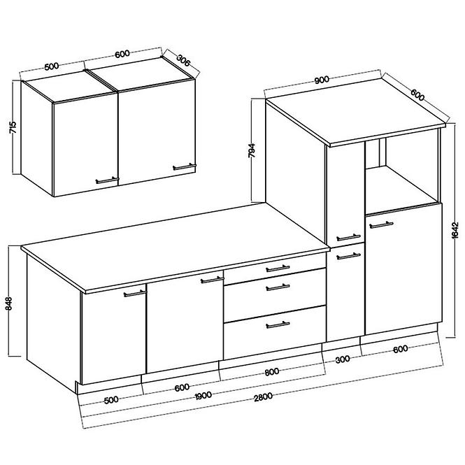 Küchenzeile Lara 280 Mdf Weiß Glänzend  ohne Arbeitsplatte