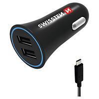 Ladergerät USB 12/24V Swissten 2,4AMP 2x USB+Kabel USB-C 1,2m