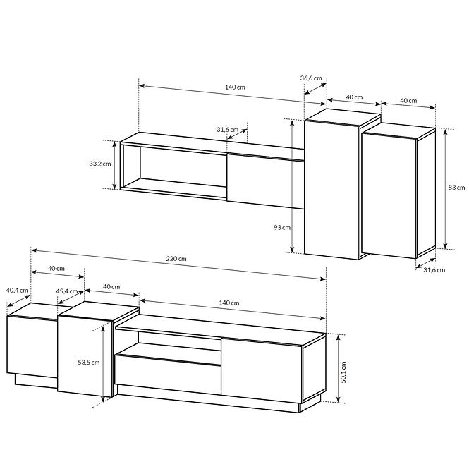 Wohnwand 3D  Weiß/Eiche Craft Gold