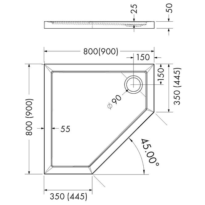 Duschwanne fünfeckig 80x80x5 Espera AQM2397