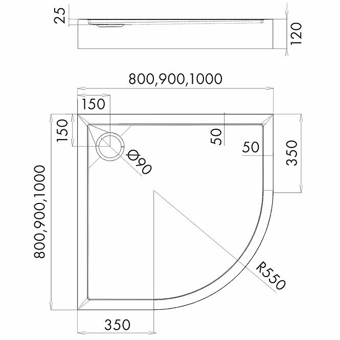 Duschwanne halbrund 90x90x12 R55 Espera Plus AQM4634