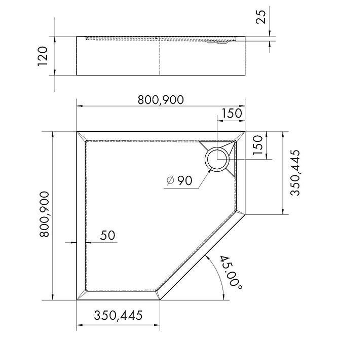 Duschwanne fünfeckig 90x90x12 Espera Plus AQM4698