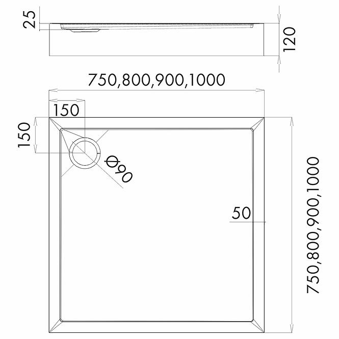 Duschwanne quadratisch Black Stone 80x80x12 Espera Plus AQM4630CST