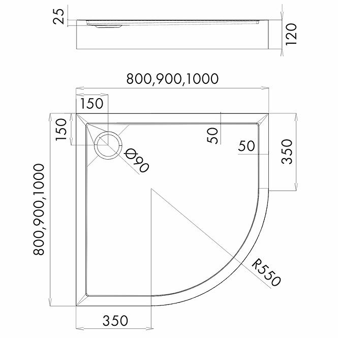 Duschwanne halbrund Black Stone 80x80x12 R55 Espera Plus AQM4633CST