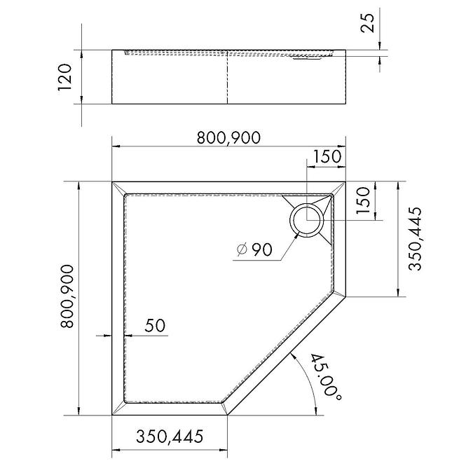 Duschwanne fünfeckig Black Stone 80x80x12 Espera Plus AQM4697CST