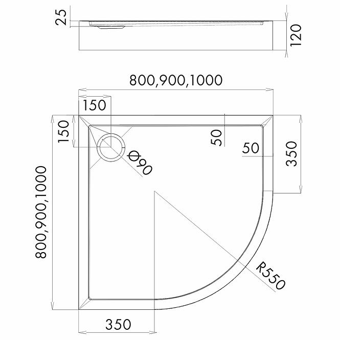 Duschwanne halbrund Black Mat 80x80x12 R55 Espera Plus AQM4633CMG