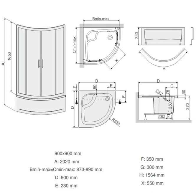 Duschkabine KPL-KP4/TX5B 90/165 W15 SB+BPZS+OB