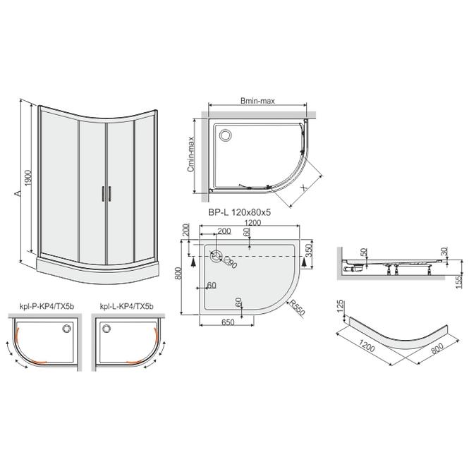 Komplettduschkabine KP4/TX5B 90/120 Links W15 SB+BP+OBP