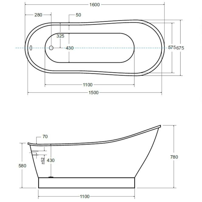 Freistehende Badewanne Gloria 160/68 + Siphon klik-klak