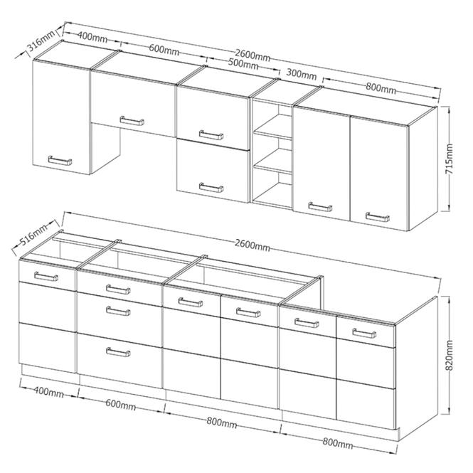 Küchenzeile Artisan 260cm weiß Glanz ohne Arbeitsplatte