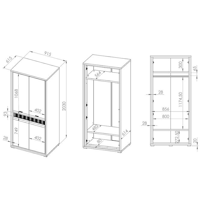 Schrank Dallas 92cm Walnuss / Weiß Glänzend/ Weiß